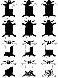 Fig. 19. Skizzen von verschiedenen gezeichneten Holländer-Kaninchen. <br />m, n = St. VII; o, p, r = St. VIII; s = St, IX; t, u = St. IIIa; v, z = St. Va; x, y = IIa.